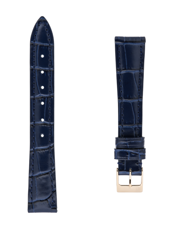 Blue calf leather strap with beige lining and blue stitching. Easy changing system strap. Rose-gold plated tongue buckle. Width: 15x12mm. Interhorn: 15mm. Length 100x70mm