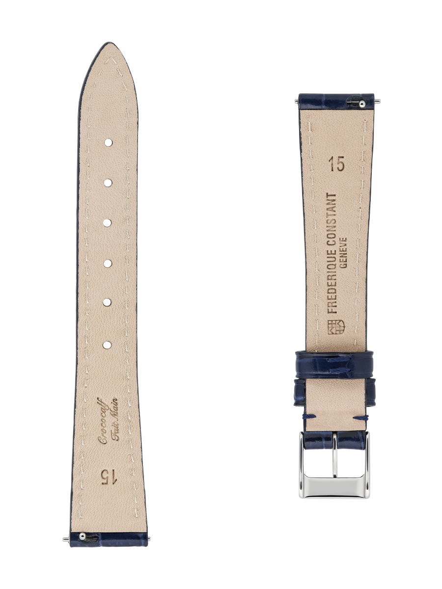 Blue calf leather strap with beige lining and blue stitching. Easy changing system strap. Stainless-steel tongue buckle. Width: 15x12mm. Interhorn: 15mm. Length 100x70mm