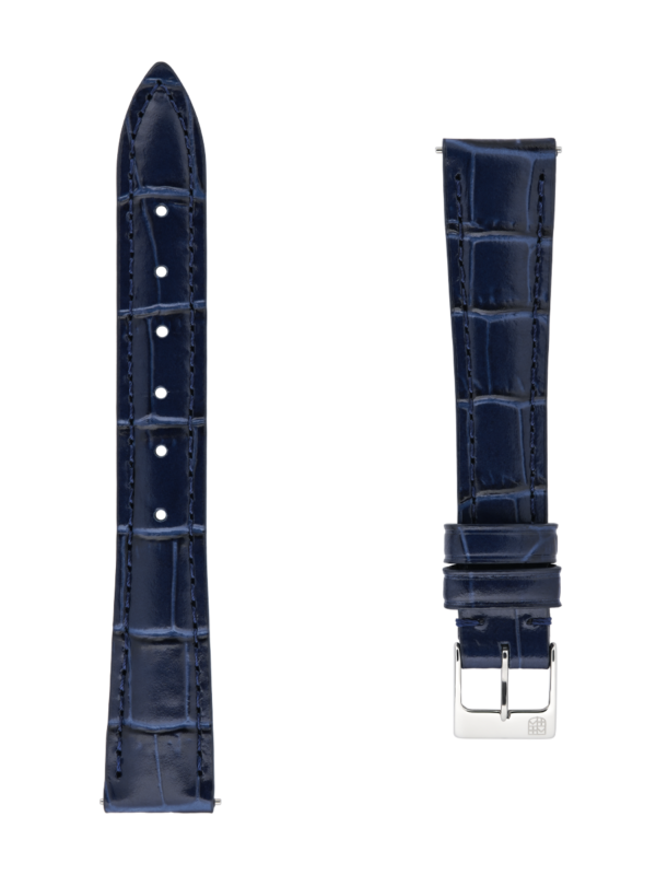 Blue calf leather strap with beige lining and blue stitching. Easy changing system strap. Stainless-steel tongue buckle. Width: 15x12mm. Interhorn: 15mm. Length 100x70mm