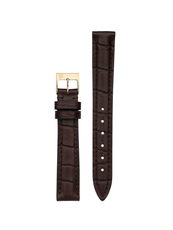 Brown calf leather strap with beige lining and brown stitching. Rose-gold plated tongue buckle. Width: 14x12mm. Interhorn: 14mm. Length 105x70mm