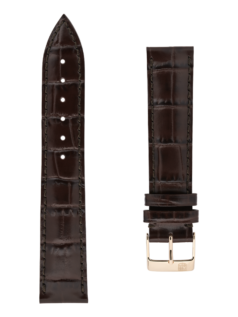 Brown calf leather strap with beige lining and brown stitching. Rose-gold plated tongue buckle. Width: 20x18mm. Interhorn: 20mm. Length 120x80mm