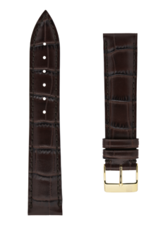 Brown calf leather strap with beige lining and brown stitching. Yellow gold plated tongue buckle. Width: 20x18mm. Interhorn: 20mm. Length 120x80mm