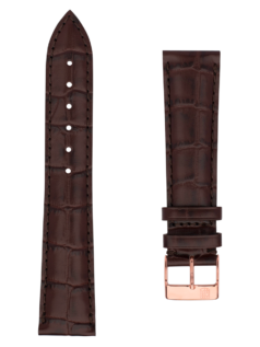 Dark brown calf leather strap with beige lining and dark brown stitching. Rose-gold plated tongue buckle. Width: 21x18mm. Interhorn: 21mm. Length 120x80mm
