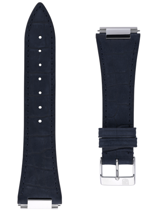 Blue calf leather strap with beige lining and blue stitching. Rose-gold plated tongue buckle. Width: 15x12mm. Interhorn: 15mm. Length 115x75mm