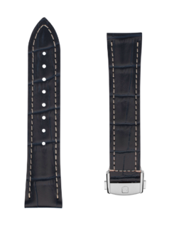 Blue calf leather strap with beige lining and off-white stitching. Stainless-steel folding clip. Width: 21x18mm. Interhorn: 21mm. Length 105x90mm