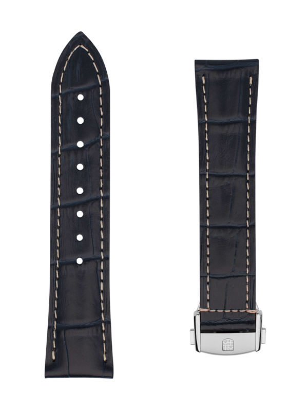 Blue calf leather strap with beige lining and off-white stitching. Stainless-steel folding clip. Width: 21x18mm. Interhorn: 21mm. Length 105x90mm